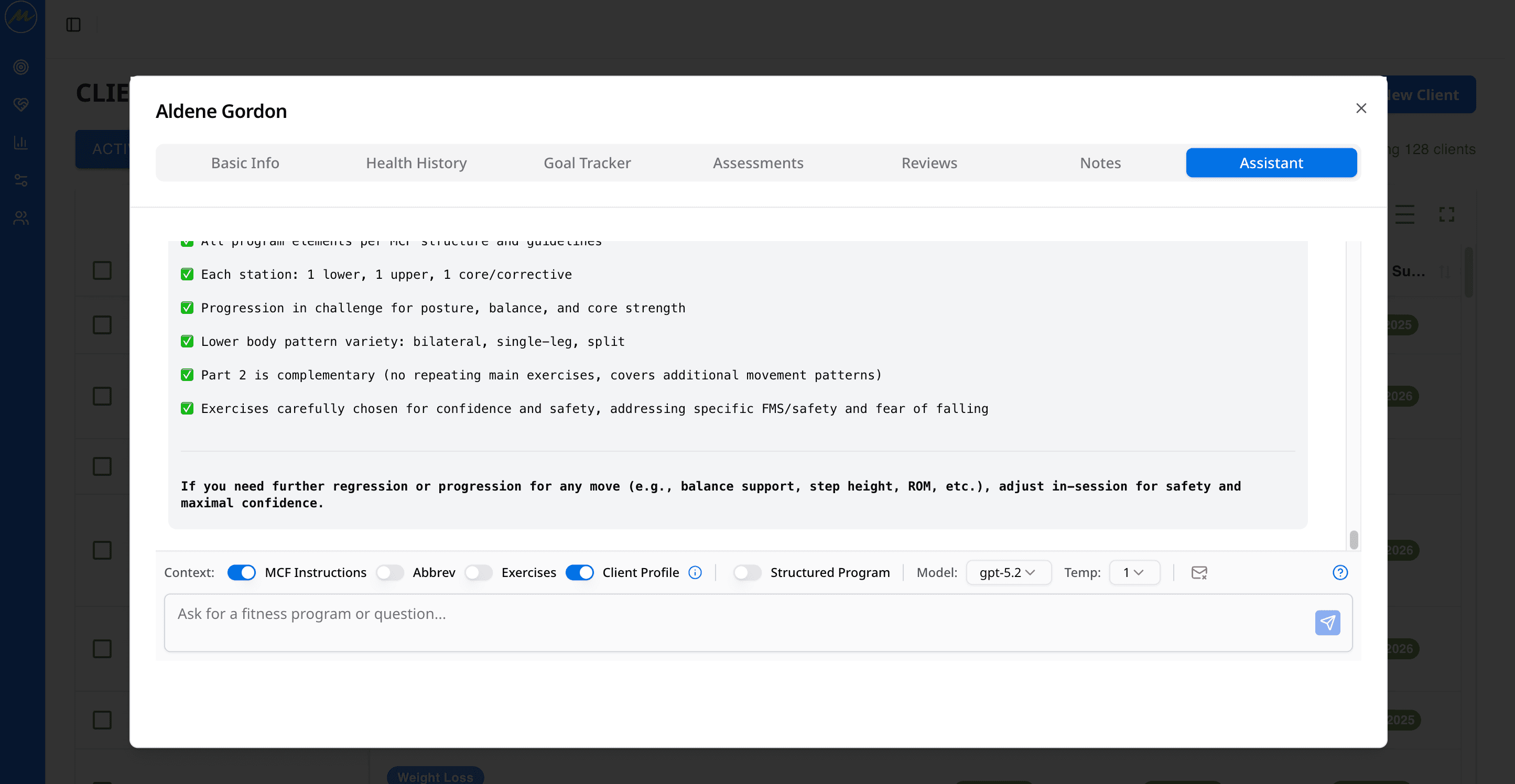MintFit program builder screen for creating client training plans.