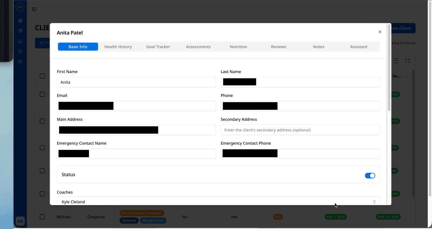 MintFit dashboard showing coaching workflow data.