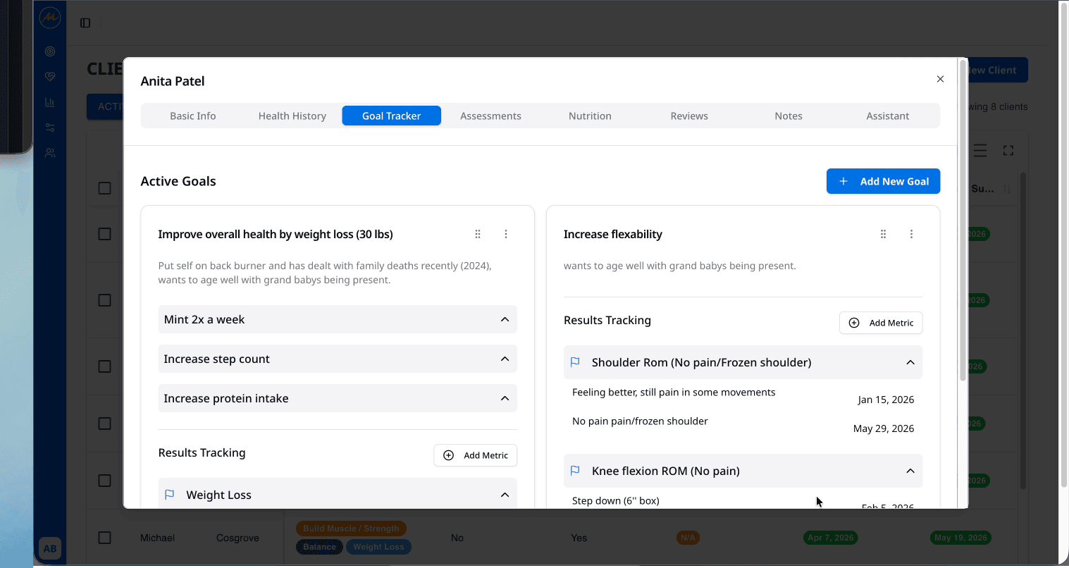 MintFit client list screen for browsing coaching clients.