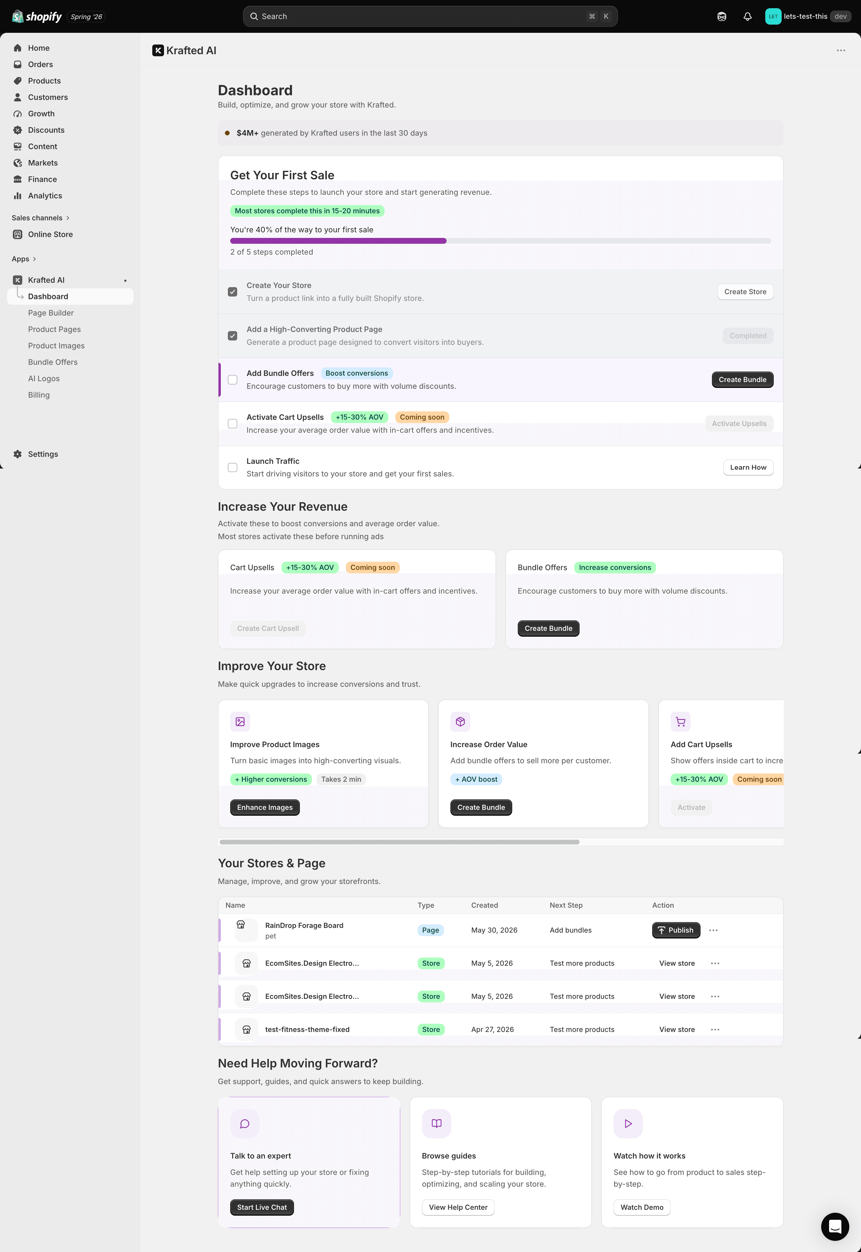 Krafted AI embedded Shopify app showing the product page generation workflow.