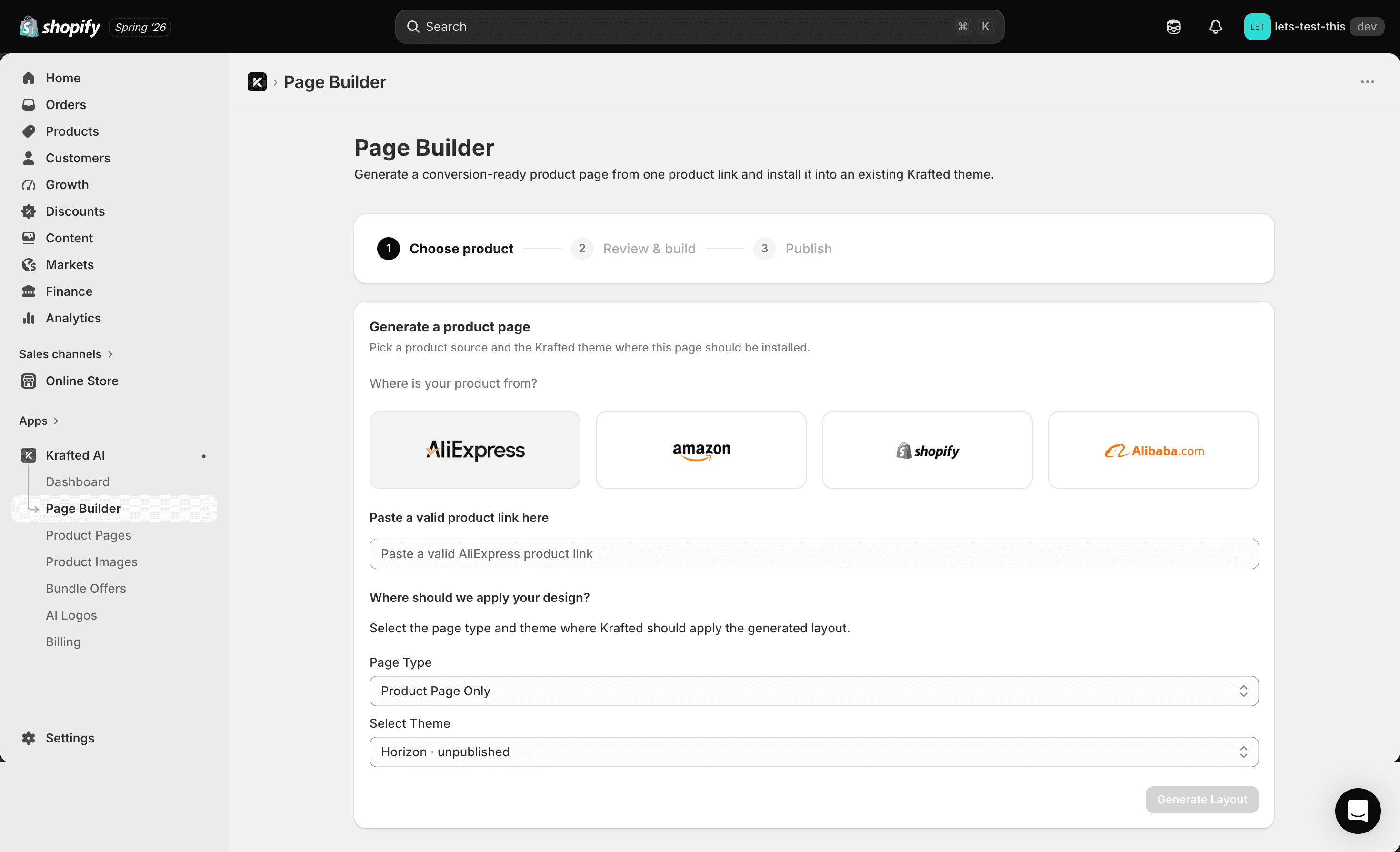 Krafted AI page builder inside Shopify with generated product sections.