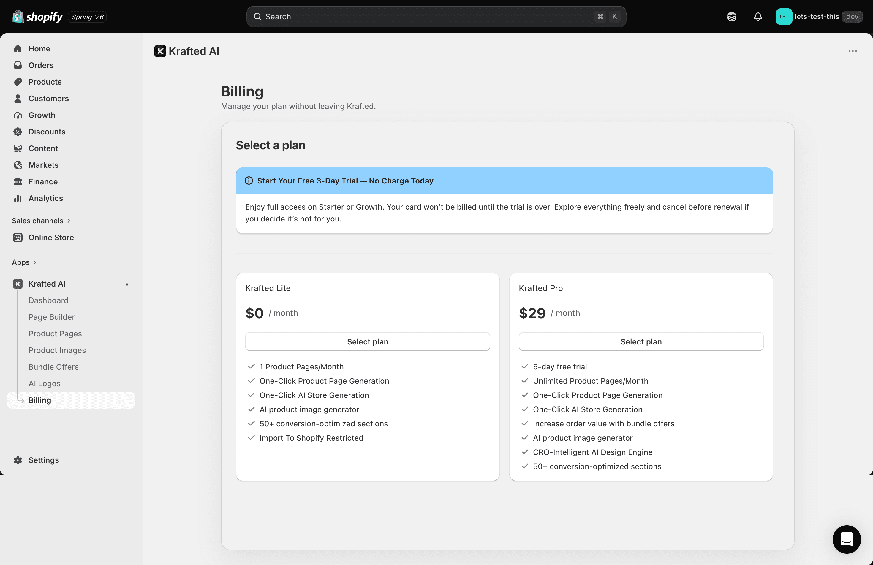 Krafted AI Shopify app setup screen for configuring a store.