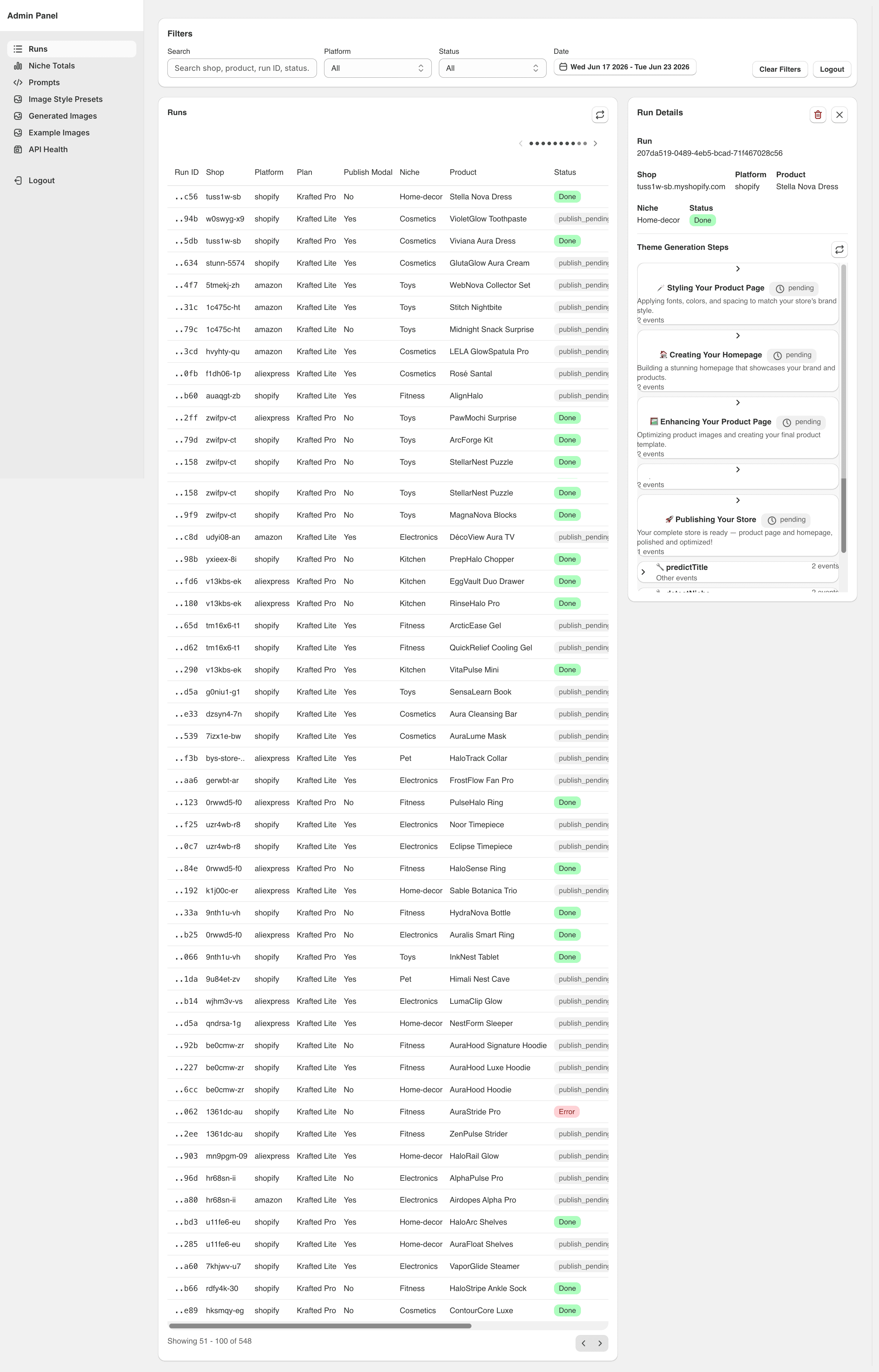 Krafted AI admin dashboard for managing generated stores and configuration.