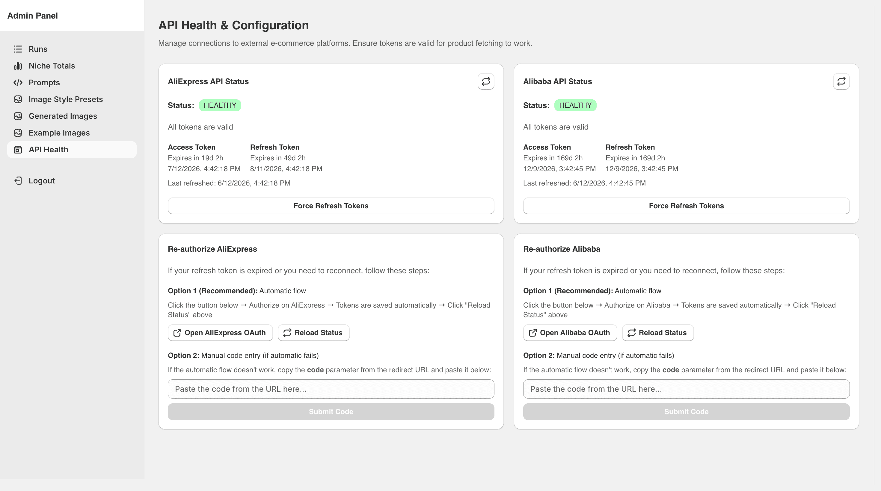 Krafted AI admin controls for managing app content and settings.