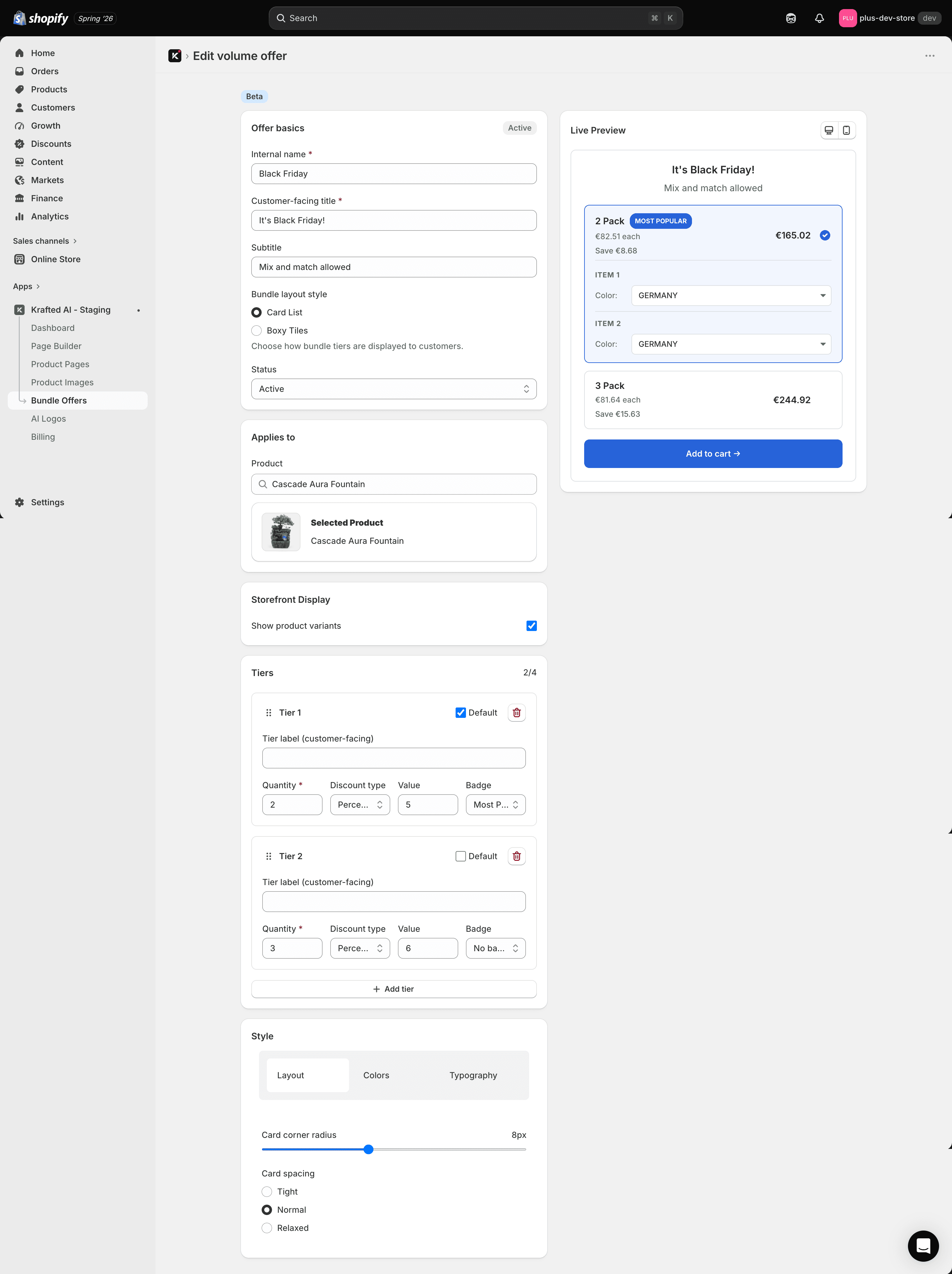 Shopify Plus volume offer editor used by the Krafted AI app.