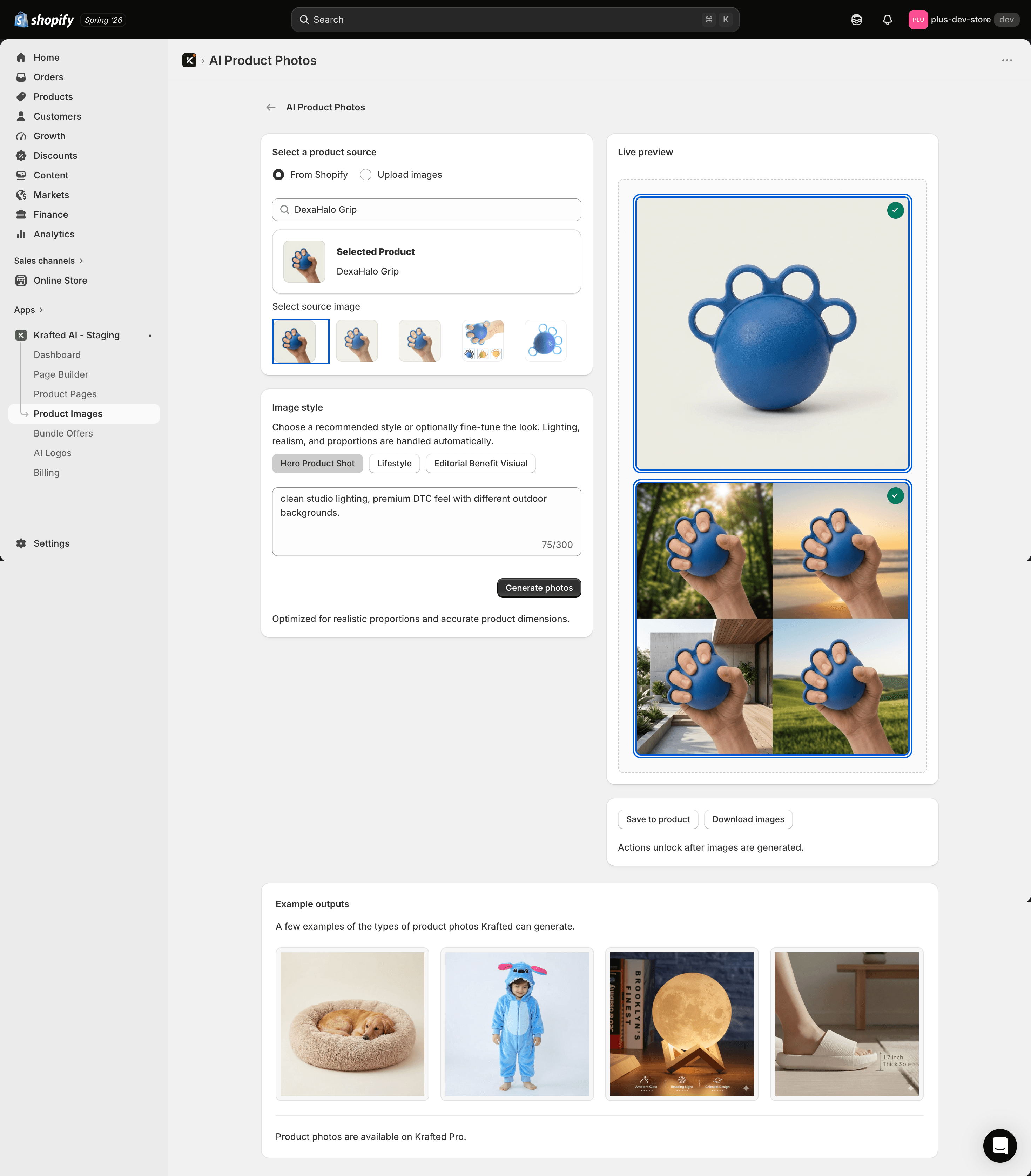 Shopify Plus AI product photos screen connected to the Krafted AI workflow.